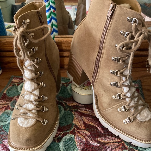 Shoe Dazzle Shoes - Tan fuzzy lace-up heeled boots